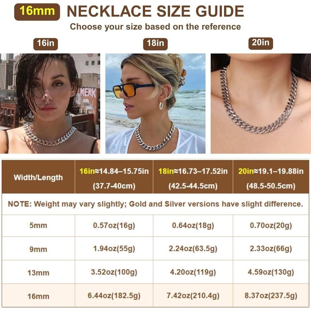 Unisex 18K 16mm- Silver Chunky Cuban Link Curb Chain Necklace Hip Hop Punk - Picture 2 of 6